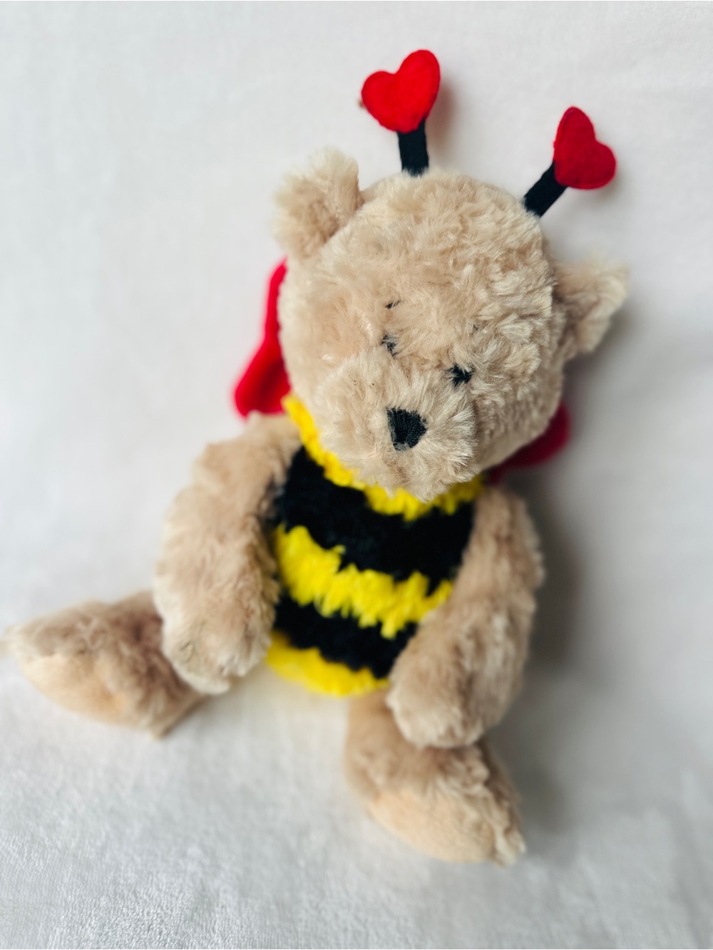 GANZ Beige Teddy Bear in Yellow and Black Bee Costume with Red Heart Antennae